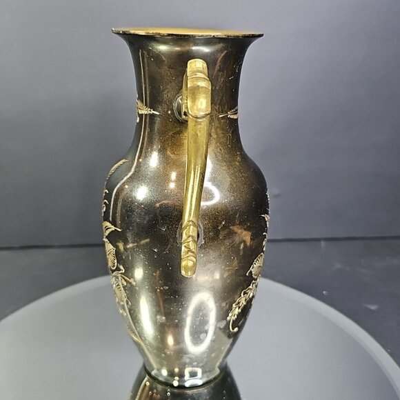 Vintage Brass Floral Eteched Vase With Double Handles India - Picture 2 of 9